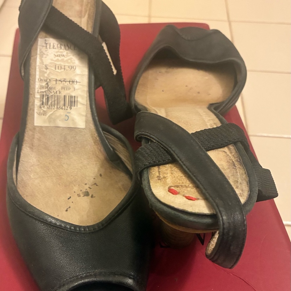 DKNY Black Leather Peep-Toe Mules with Cross Strap